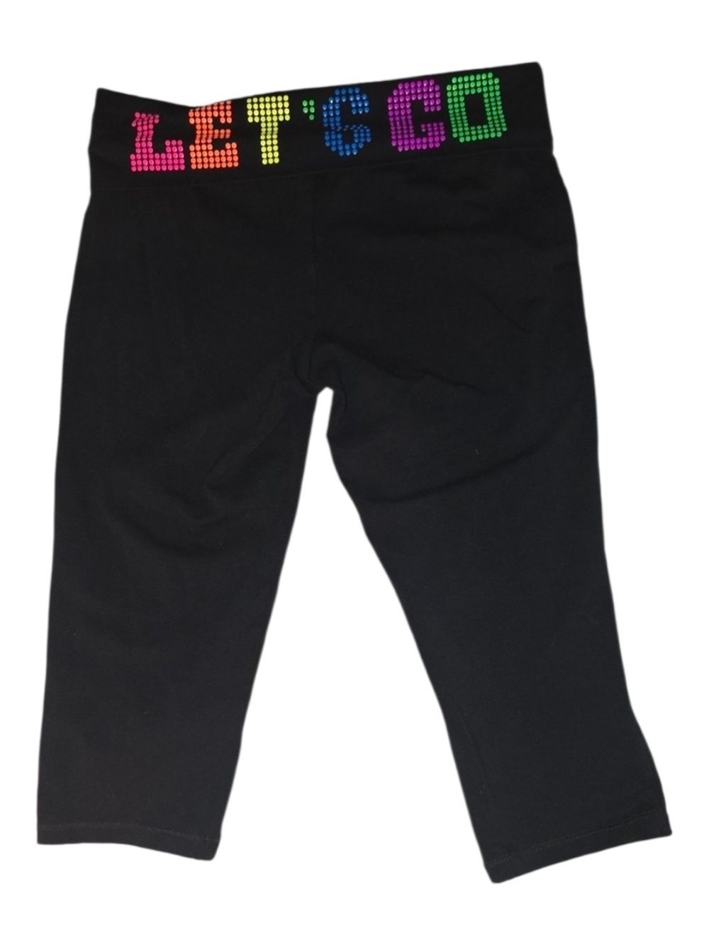 Jenni by Jennifer Moore Black Capri Leggings with Rainbow LET'S GO Waistband
